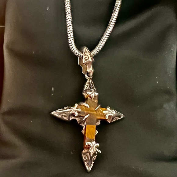 Solid 925 Sterling silver with tiger eye stone pendant  cross w/ snake chain 20” - Picture 1 of 4